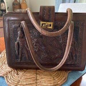 Vintage Mexican Leather Hand Tooled Handbag Matadors with Eagle Zippered Purse